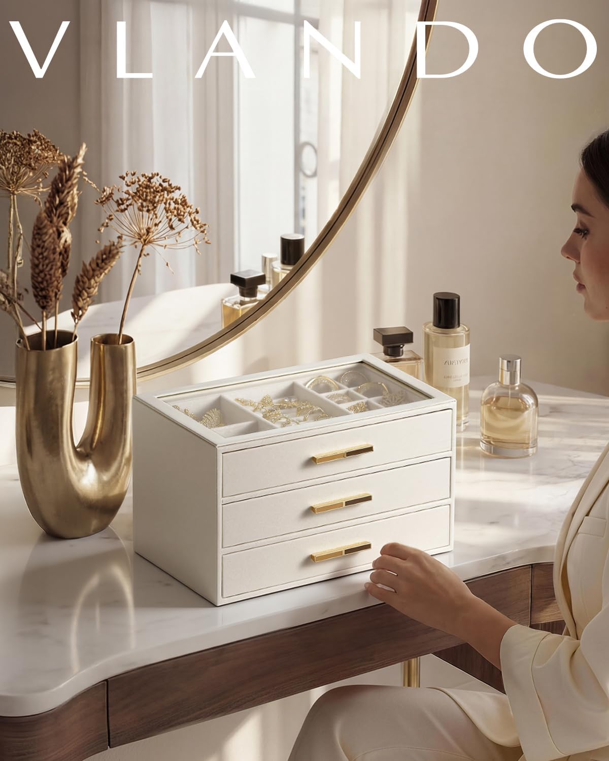 VLANDO Cinderella‑3 drawers Quiet Luxe 3‑Layer Glass Lid Jewelry Box Organizer