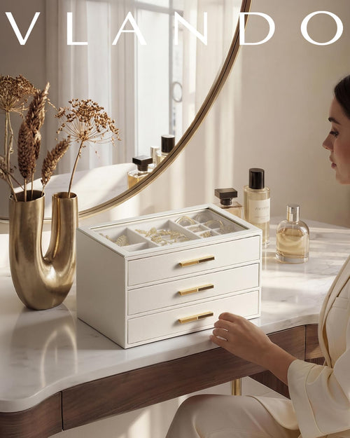 VLANDO Cinderella-กล่องจัดระเบียบเครื่องประดับ Quiet Luxe แบบ 3 ชั้น ฝาแก้ว พร้อมลิ้นชัก 3 ช่อง