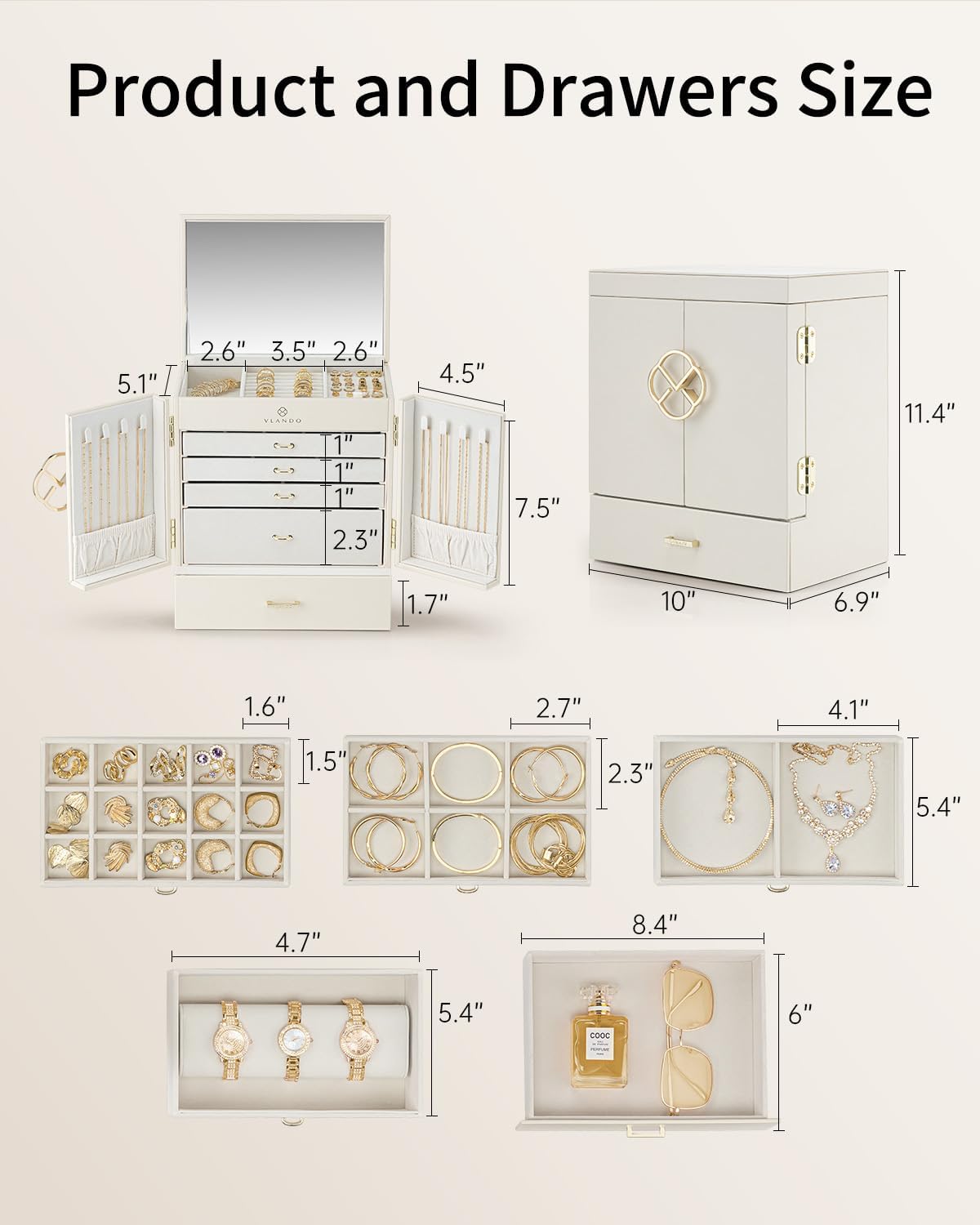 กล่องเครื่องประดับและที่จัดระเบียบขนาดใหญ่ VLANDO Hita Quiet Luxe แบบ 6 ชั้นพร้อมกระจก