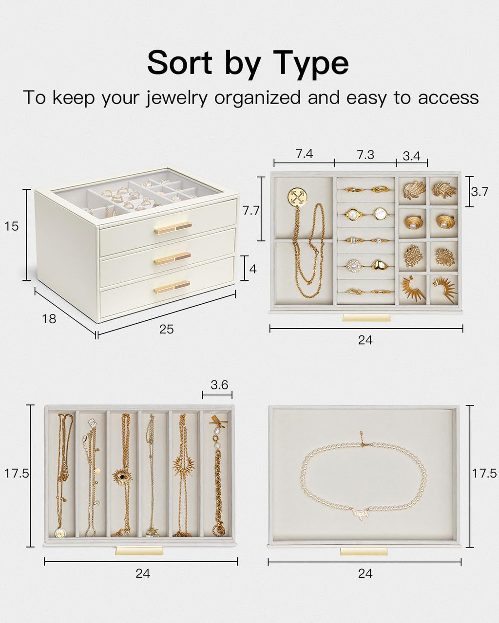 VLANDO Cinderella‑3 drawers Quiet Luxe 3‑Layer Glass Lid Jewelry Box Organizer