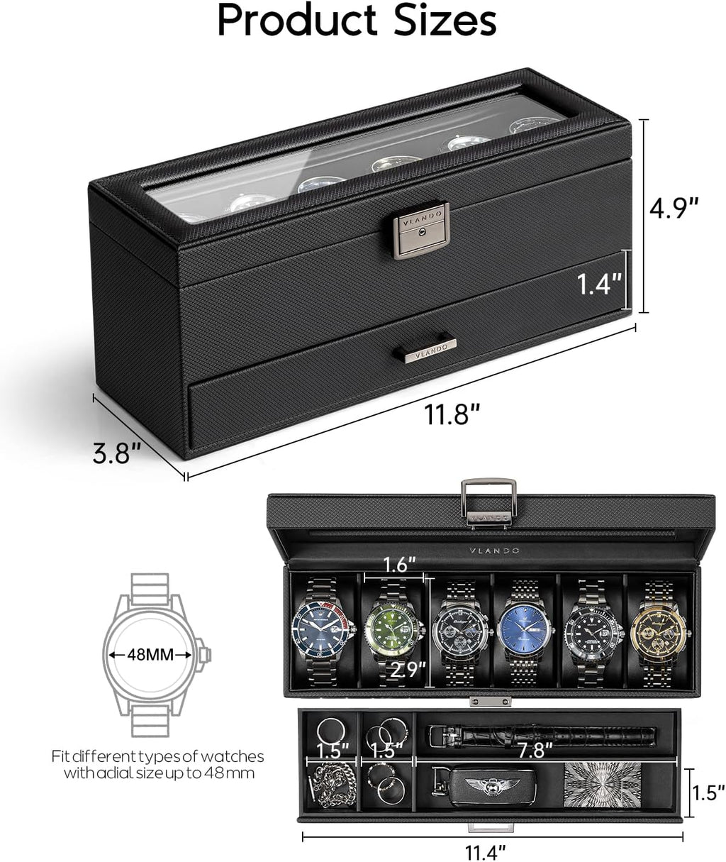 VLANDO 6-Slot Dual-Layer Lockable Watch Box Organizer with Glass Lid