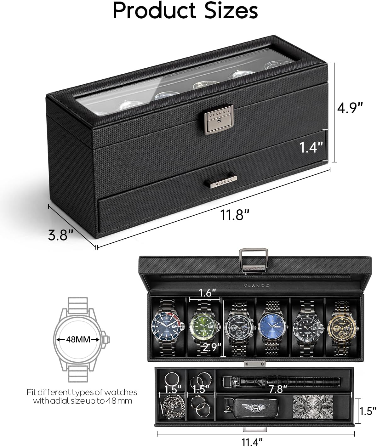 VLANDO 6-Slot Dual-Layer Lockable Watch Box Organizer with Glass Lid