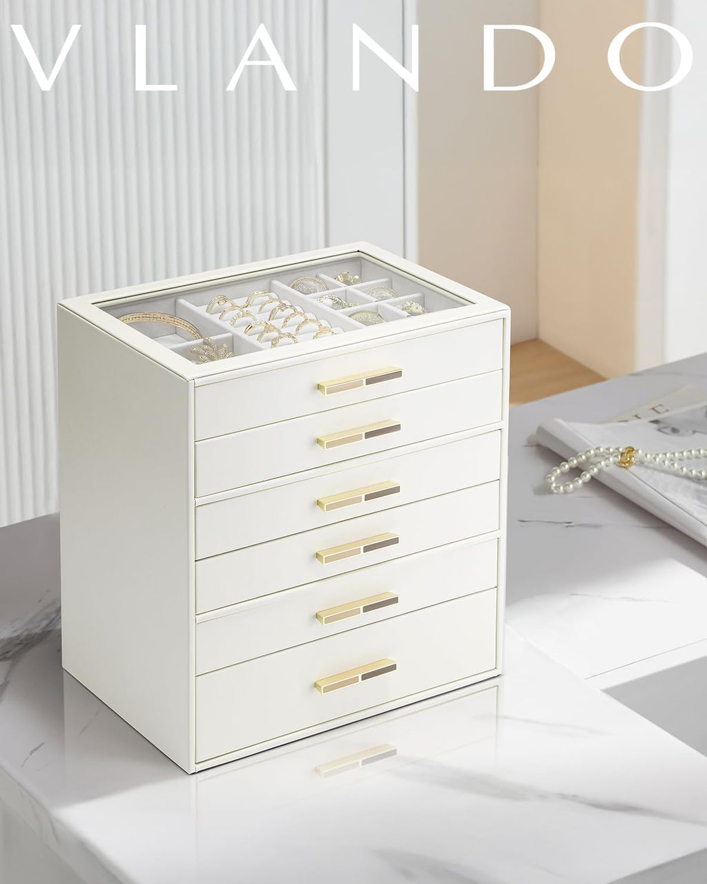 VLANDO Quiet Luxe 6-Layer Glass Lid Jewelry Box Organizer