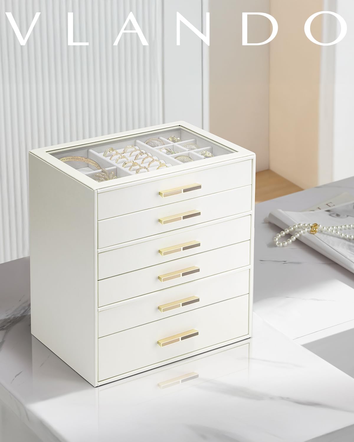 VLANDO Quiet Luxe 6-Layer Glass Lid Jewelry Box Organizer