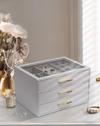 VLANDO Cinderella‑3 drawers Quiet Luxe 3‑Layer Glass Lid Jewelry Box Organizer