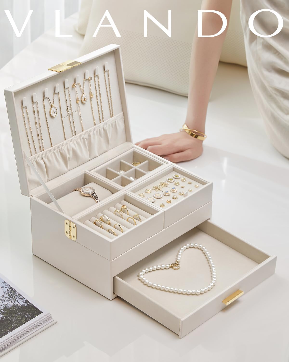 VLANDO Quiet Luxe 3-Layer Jewelry Box Organizer with Retractable Tray