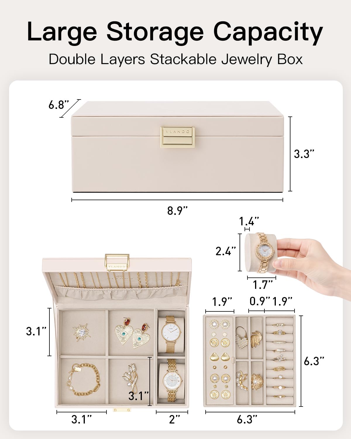 VLANDO Omela Plus Everyday Keepsake 2-Layer Large Leather Jewelry Box Organizer with Removable Tray & Watch Pillow