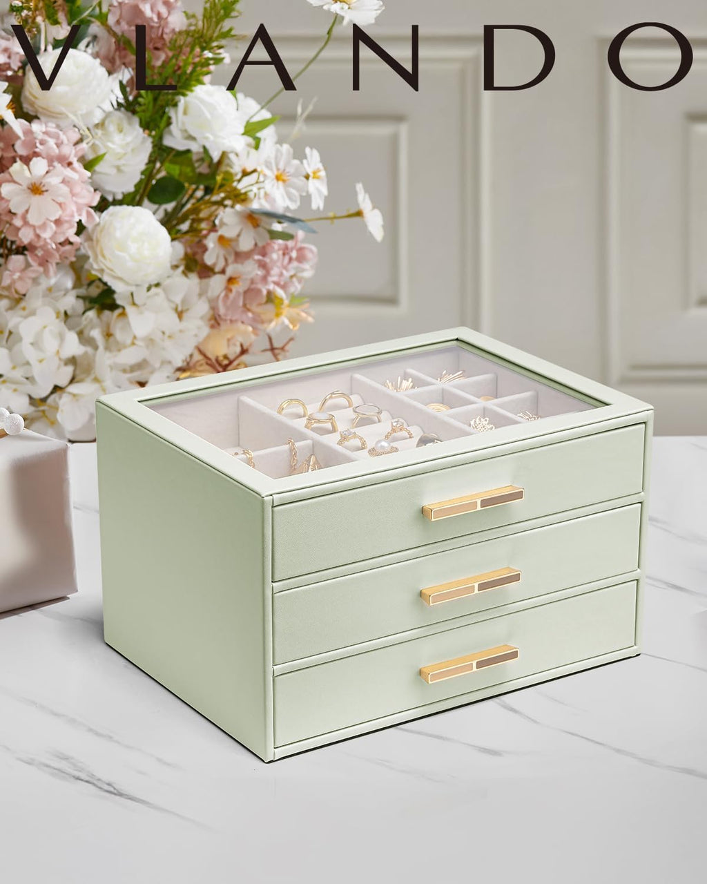 VLANDO Cinderella‑3 drawers Quiet Luxe 3‑Layer Glass Lid Jewelry Box Organizer