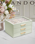 VLANDO Cinderella‑3 drawers Quiet Luxe 3‑Layer Glass Lid Jewelry Box Organizer