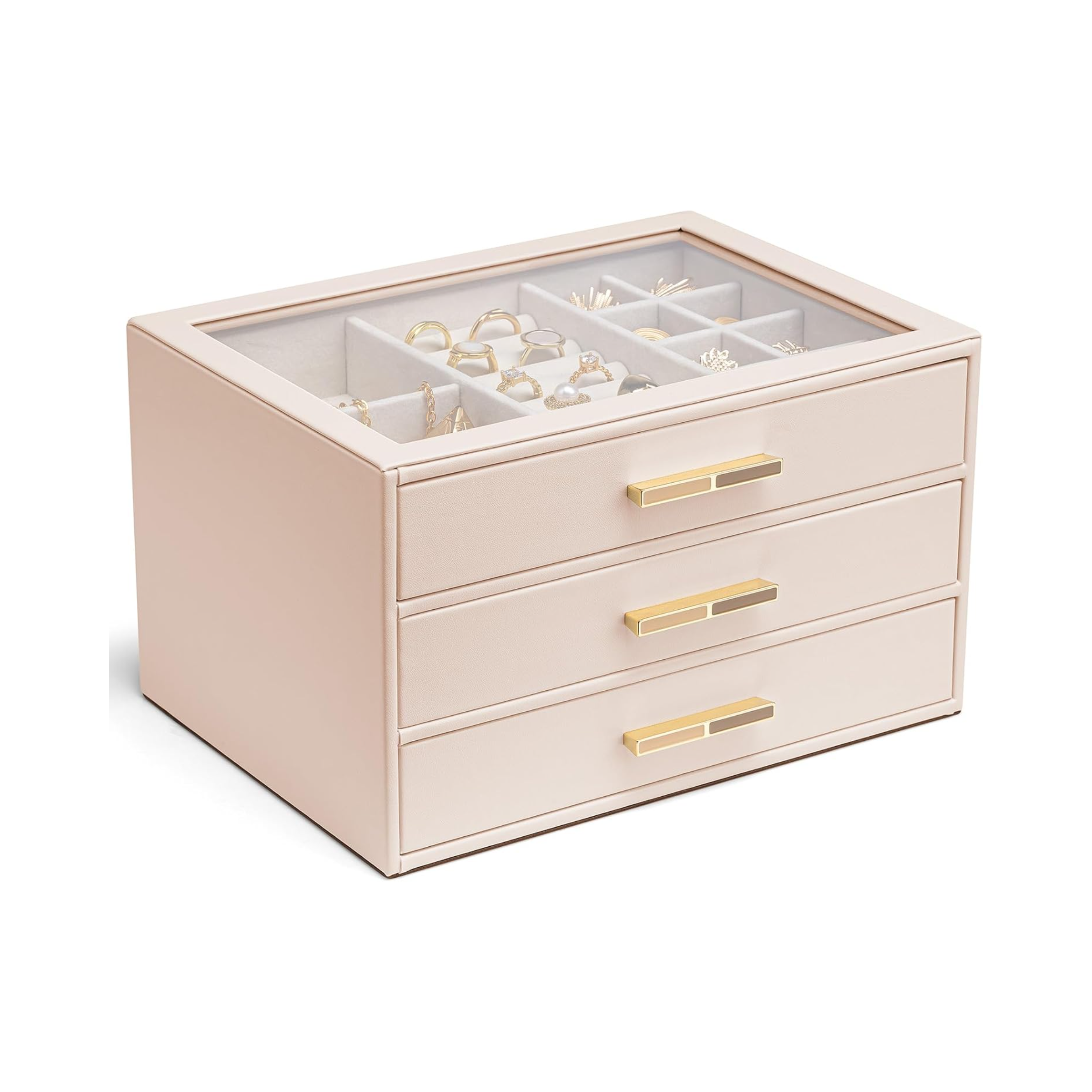 VLANDO Cinderella‑3 drawers Quiet Luxe 3‑Layer Glass Lid Jewelry Box Organizer