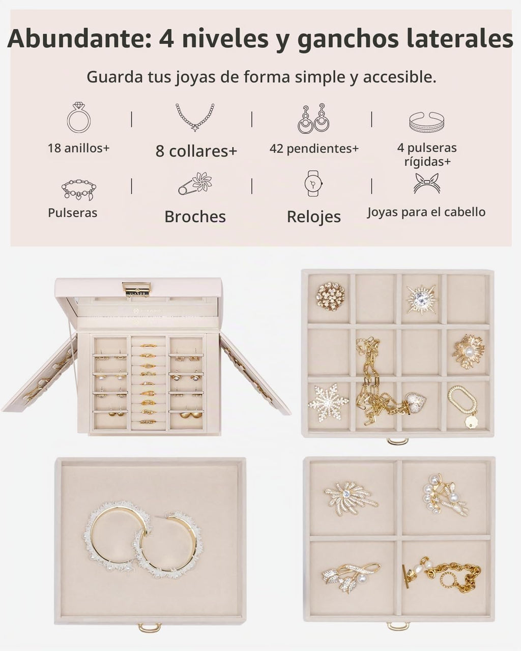 منظم صندوق مجوهرات كبير من VLANDO Quiet Luxe مكون من 4 طبقات مع مرآة وأدراج - حقيبة تخزين مجوهرات جلدية