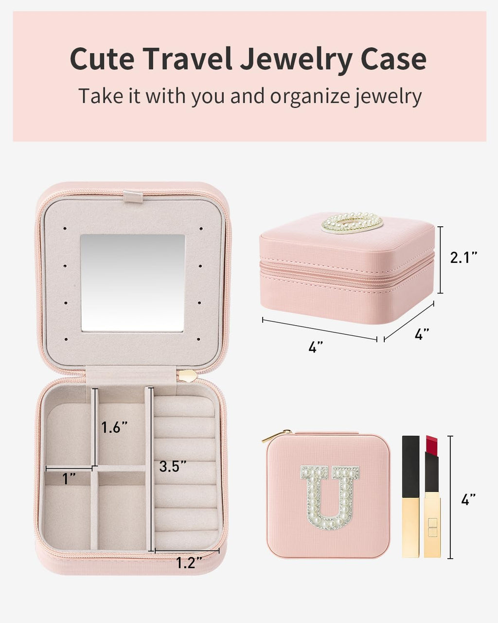 VLANDO Mom Gifts for Women. Travel Jewelry Case for Mother Gifts. Travel Gifts for Mother Mom from Daughters. Travel Essentials Small Jewelry Box. Jewelry Travel Organizer - Letter U. Pink