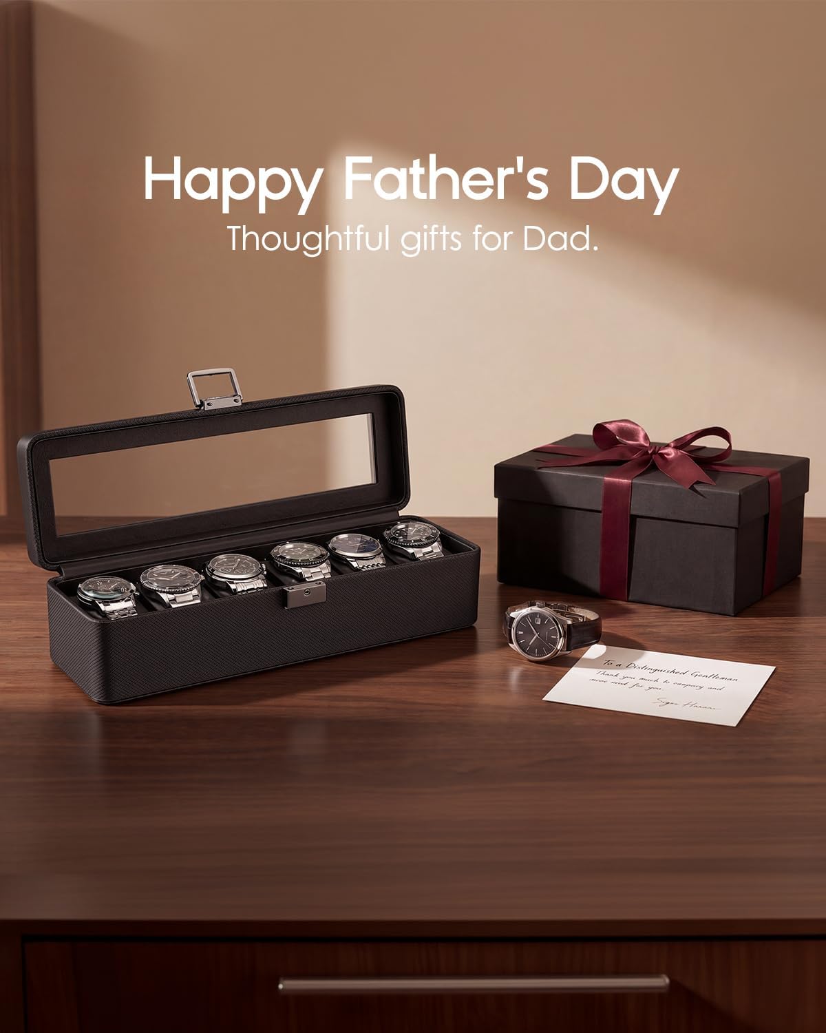 VLANDO 6-Slot Lockable Leather Watch Box with Glass Lid & Soft Pillows