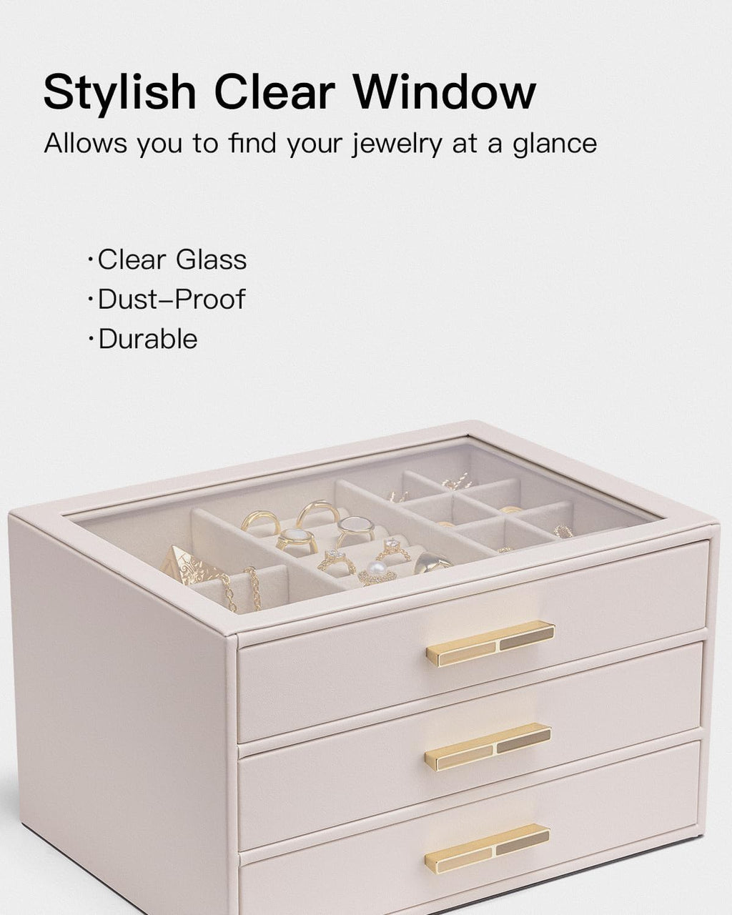 VLANDO Cinderella‑3 drawers Quiet Luxe 3‑Layer Glass Lid Jewelry Box Organizer