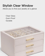 VLANDO Cinderella‑3 drawers Quiet Luxe 3‑Layer Glass Lid Jewelry Box Organizer