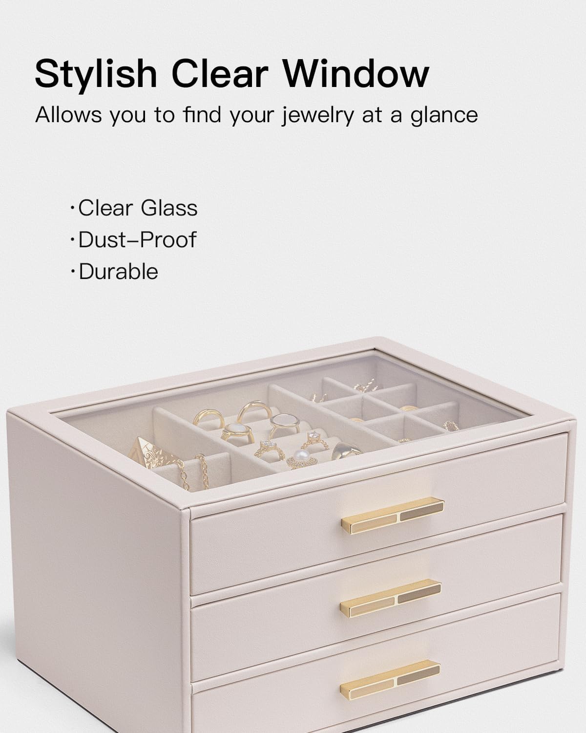 VLANDO Cinderella‑3 drawers Quiet Luxe 3‑Layer Glass Lid Jewelry Box Organizer