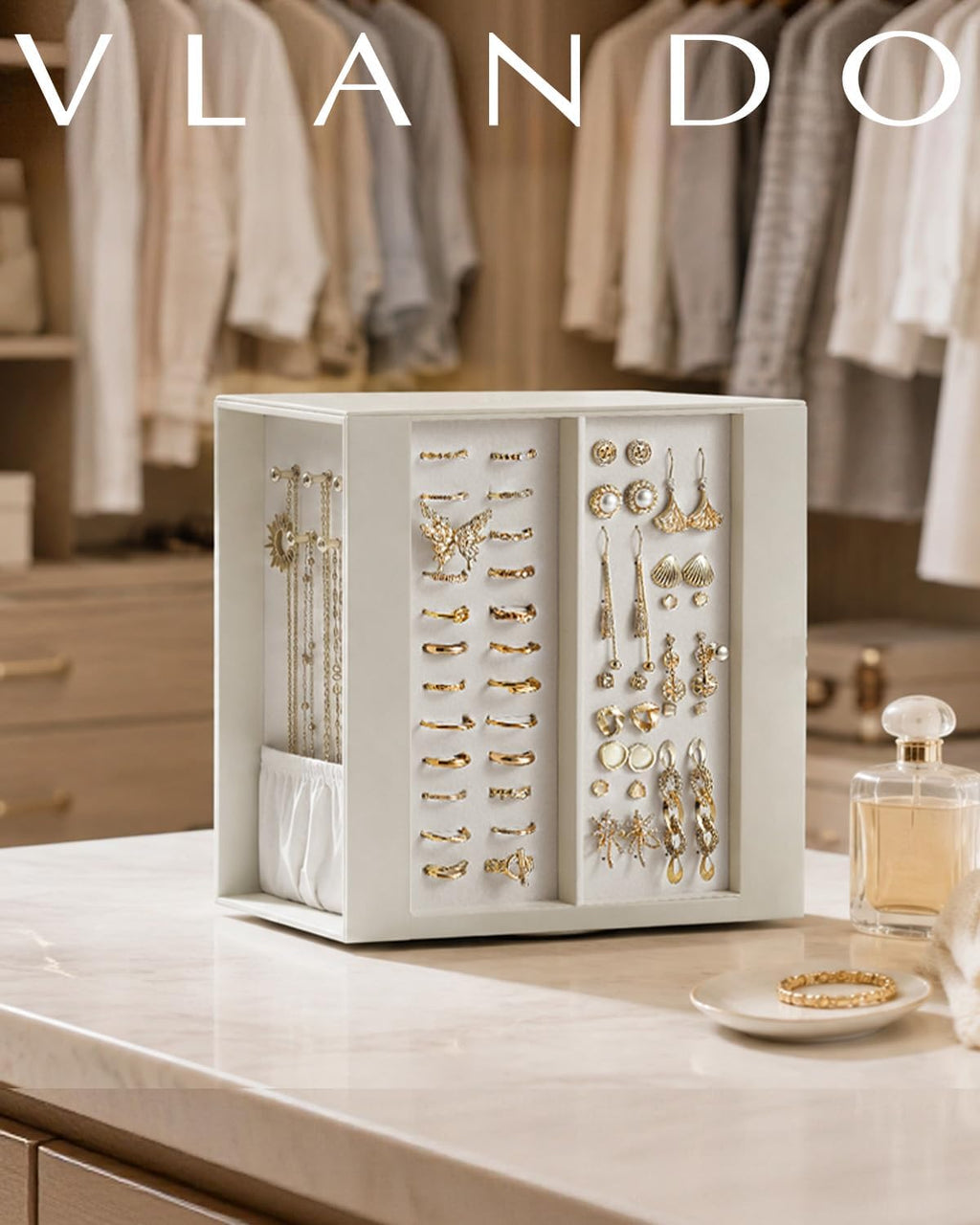 VLANDO Rotating Jewelry Box – Quiet Luxe 360° Large Jewelry Organizer with 5 Drawers