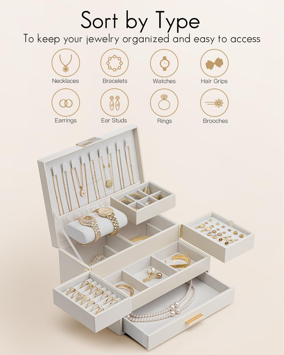 VLANDO Quiet Luxe 3-Layer Jewelry Box Organizer with Retractable Tray