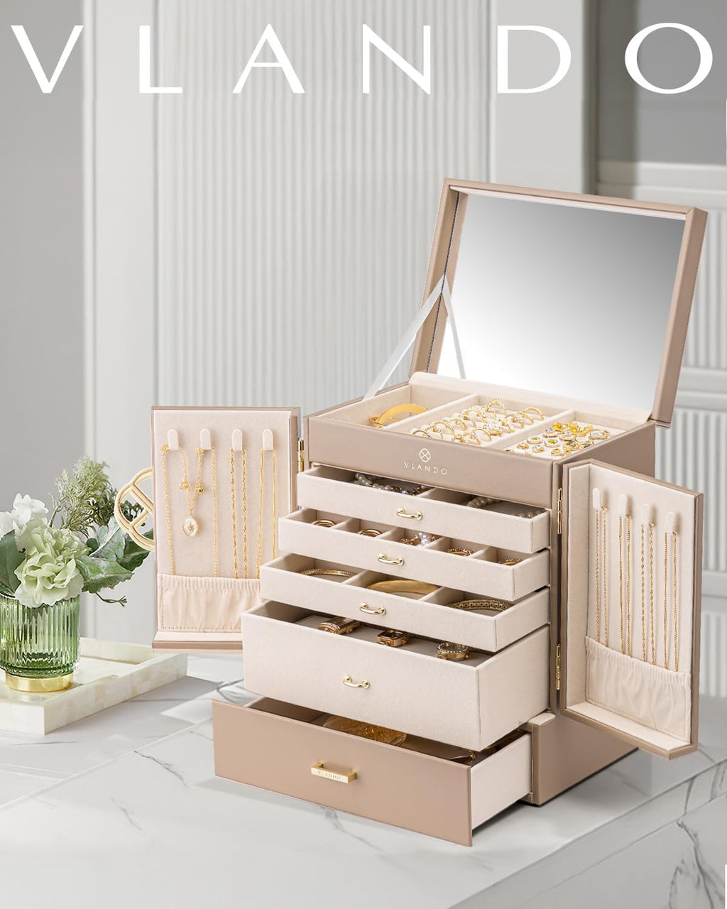 กล่องเครื่องประดับและที่จัดระเบียบขนาดใหญ่ VLANDO Hita Quiet Luxe แบบ 6 ชั้นพร้อมกระจก