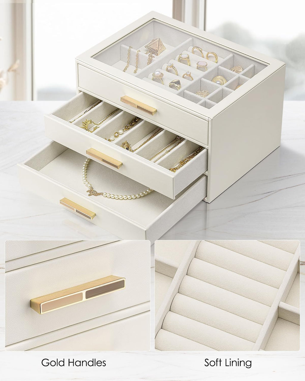 VLANDO Cinderella‑3 drawers Quiet Luxe 3‑Layer Glass Lid Jewelry Box Organizer