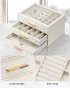 VLANDO Cinderella‑3 drawers Quiet Luxe 3‑Layer Glass Lid Jewelry Box Organizer