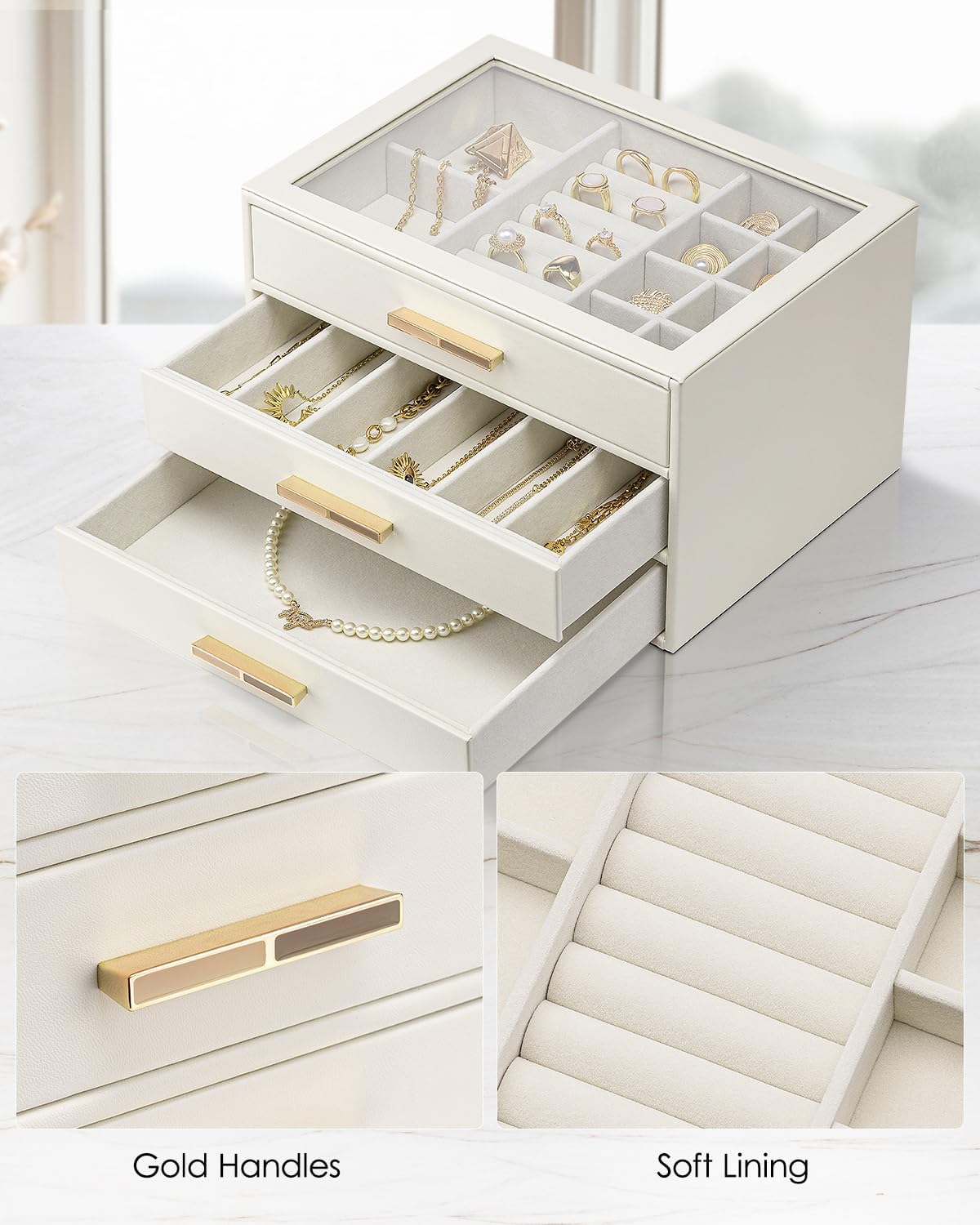 VLANDO Cinderella‑3 drawers Quiet Luxe 3‑Layer Glass Lid Jewelry Box Organizer