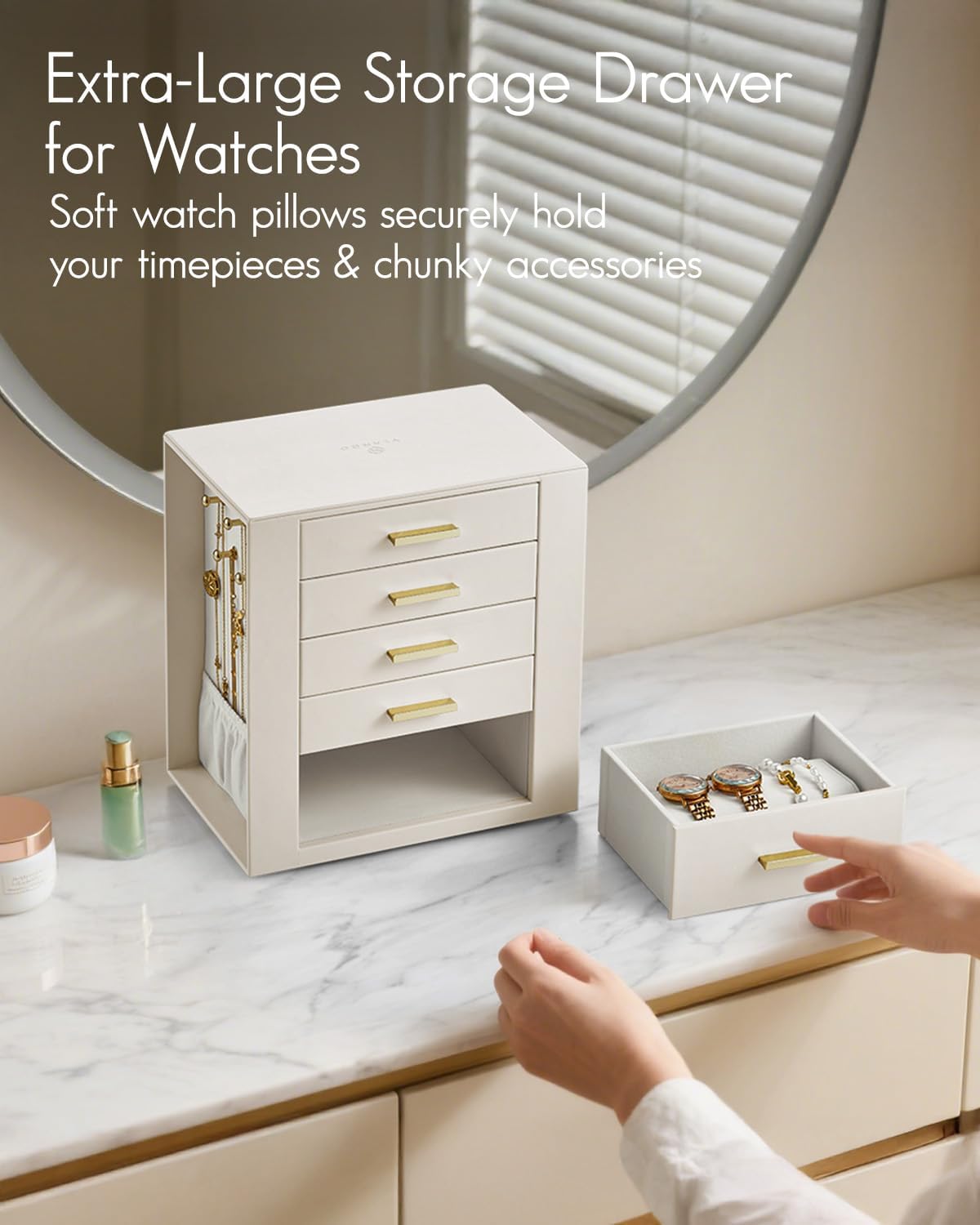 VLANDO Rotating Jewelry Box – Quiet Luxe 360° Large Jewelry Organizer with 5 Drawers