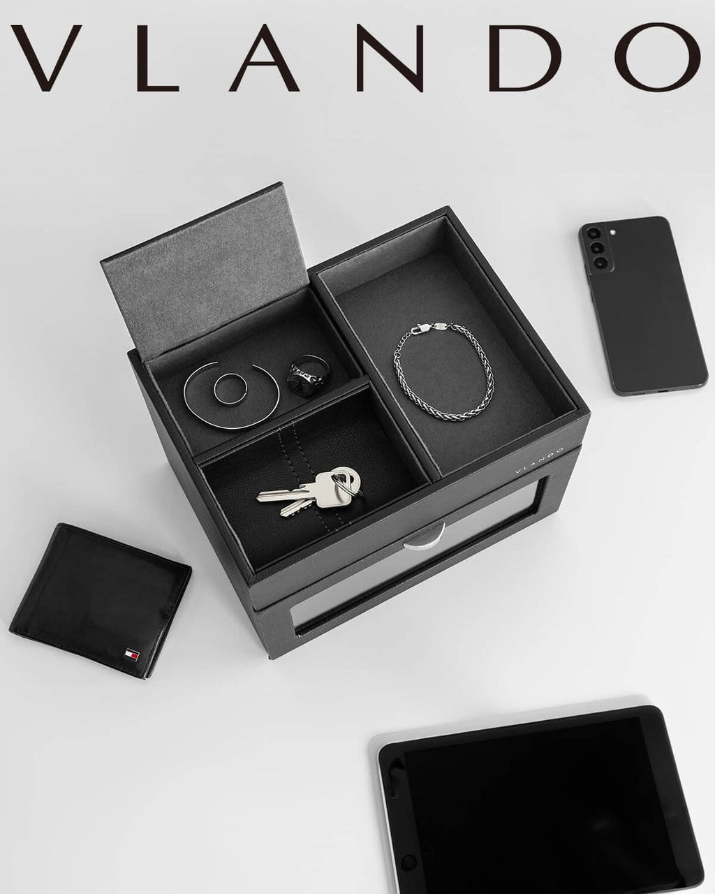 VLANDO Automatic Double Watch Winder with Jewelry Valet Tray