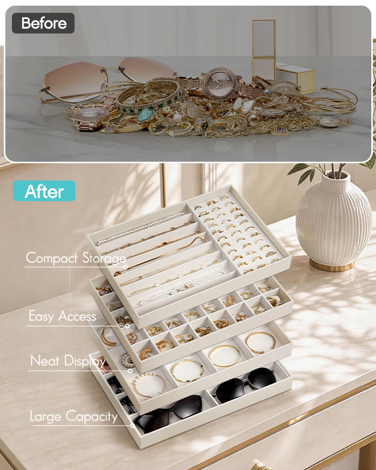 VLANDO Moments Stackable Jewelry Tray Set – 56-Grid, Bracelet, Jewelry & Glasses Tiers