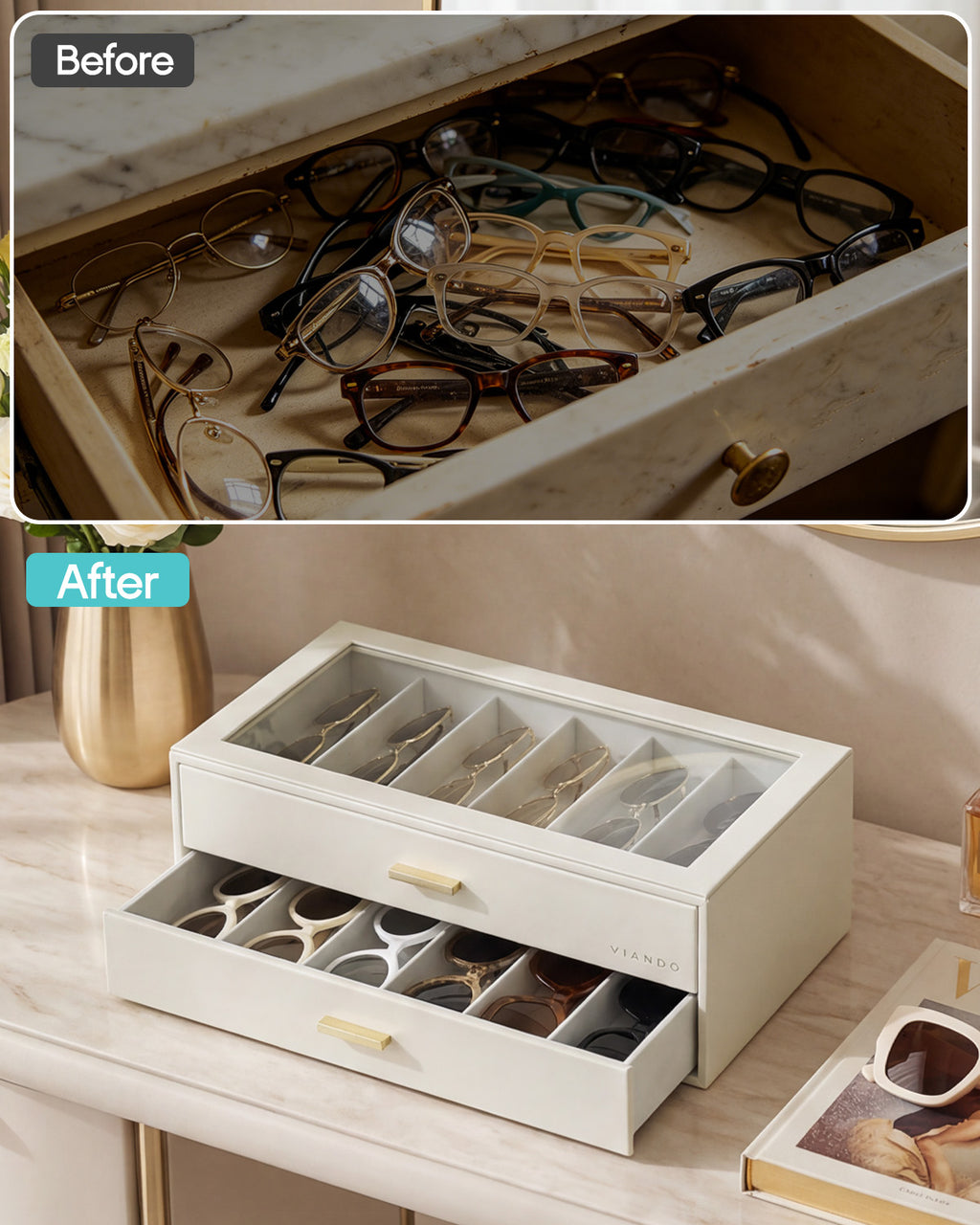 2-Layer Sunglasses Organizer Box with Glass Lid & Drawers