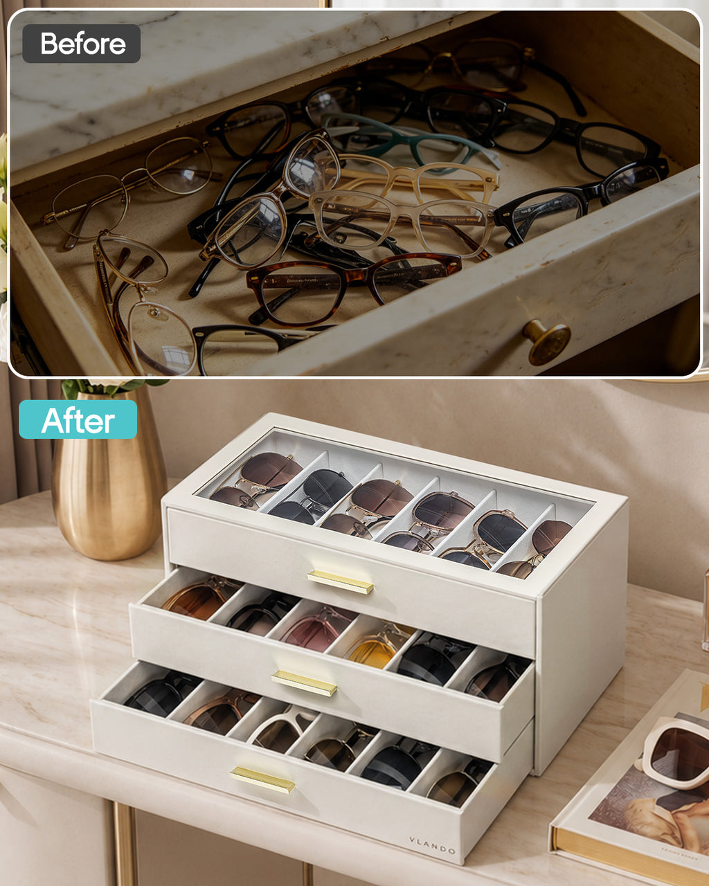 VLANDO Glasses Case 3‑Layer, 18‑Slot Sunglasses Organizer Case with Clear Lid & 3 Drawers
