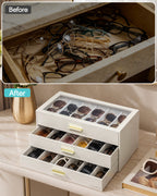 VLANDO Glasses Case 3‑Layer, 18‑Slot Sunglasses Organizer Case with Clear Lid & 3 Drawers