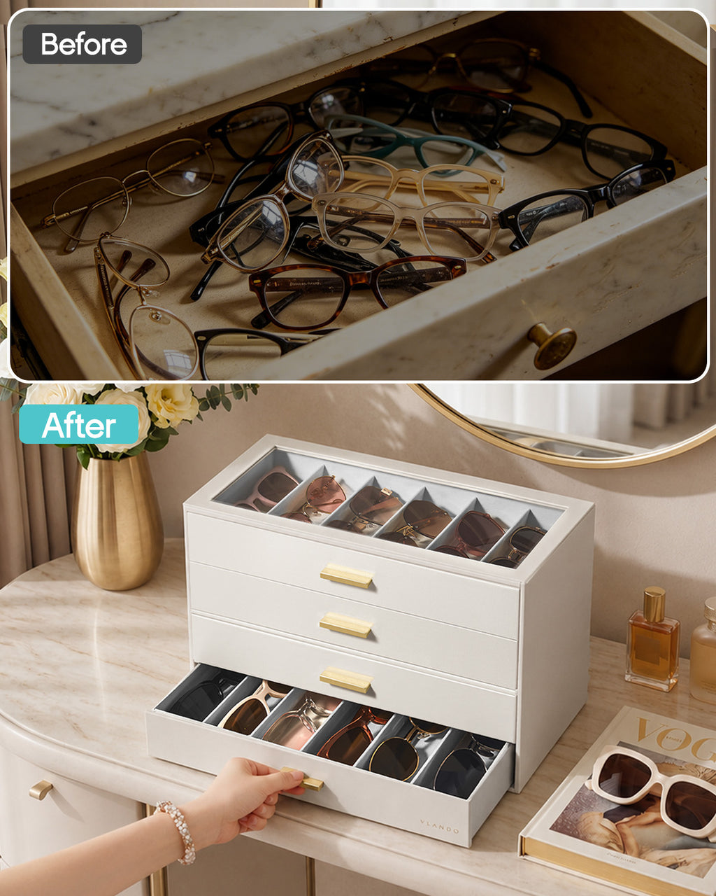 VLANDO Glasses Case 4-Layer, 24-Slot Sunglasses Organizer Casewith Clear Lid & 4 Drawers