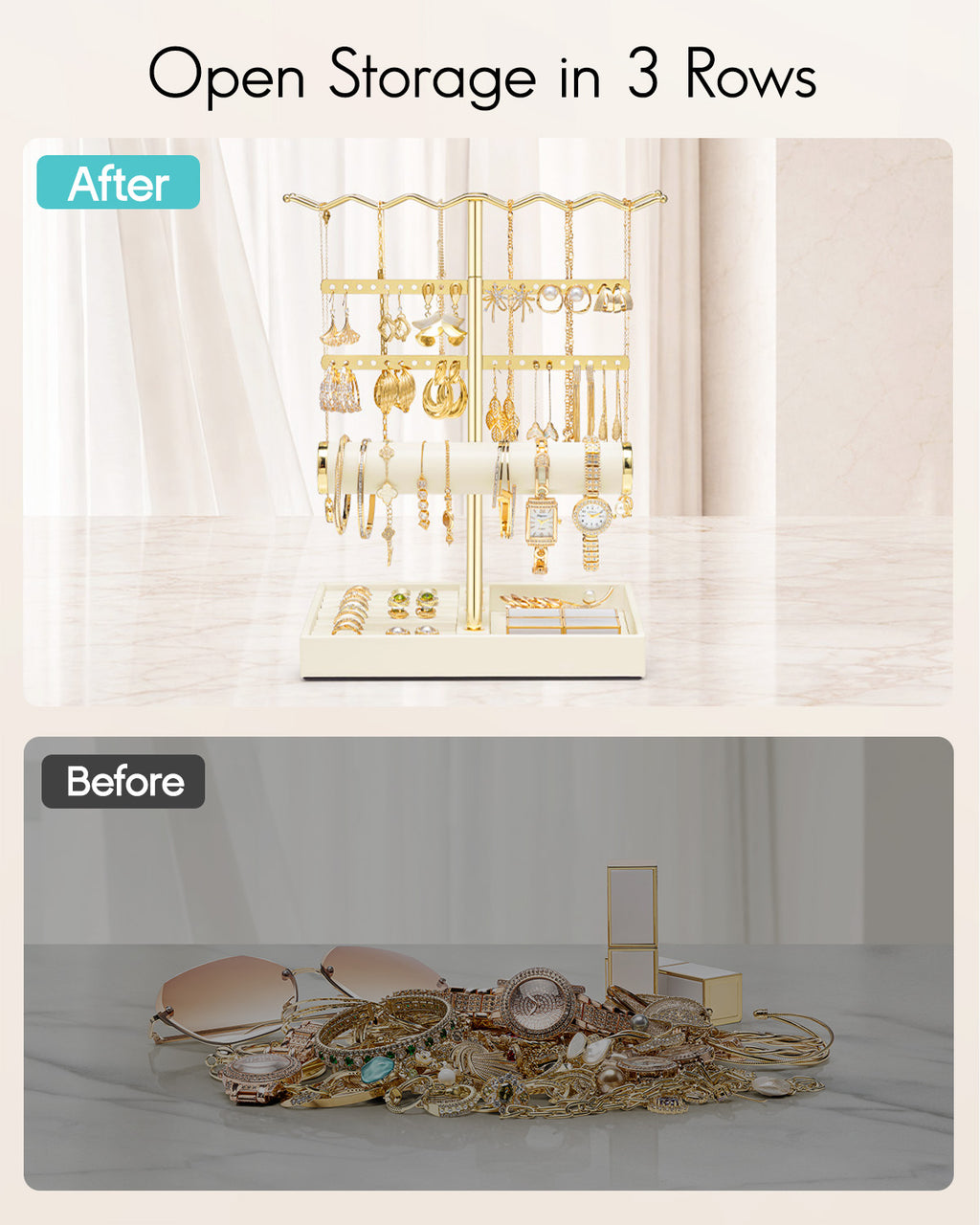 VLANDO 3-Tier Wave Jewelry Organizer Stand with Necklace Hooks, Earring Rack & Bracelet Bar