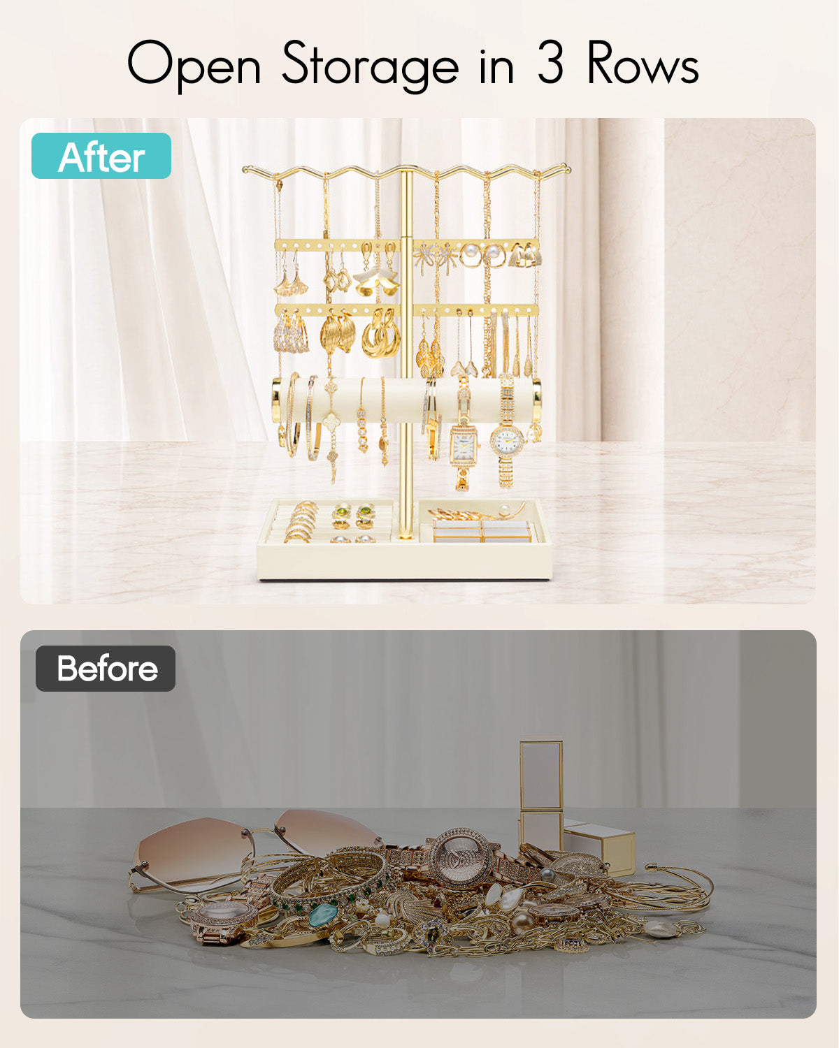 VLANDO 3-Tier Wave Jewelry Organizer Stand with Necklace Hooks, Earring Rack & Bracelet Bar