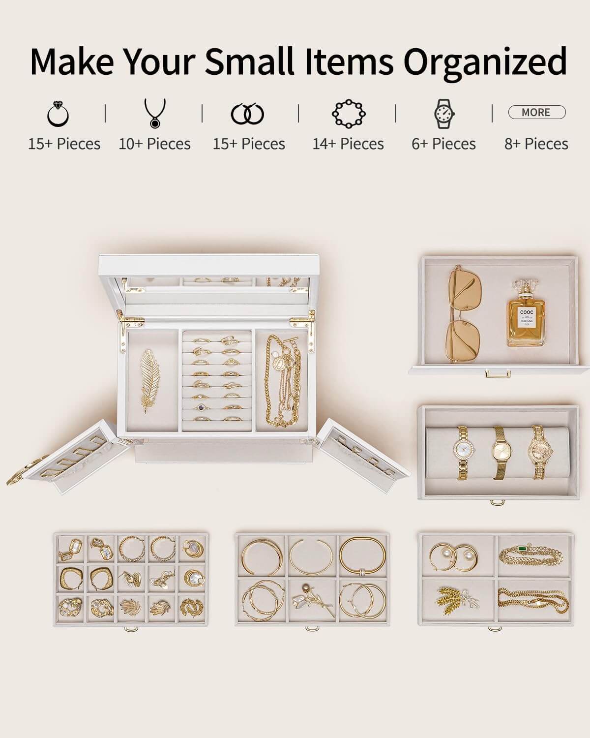 صندوق مجوهرات كبير ومنظم من VLANDO Quiet Luxe مكون من 6 طبقات مع مرآة