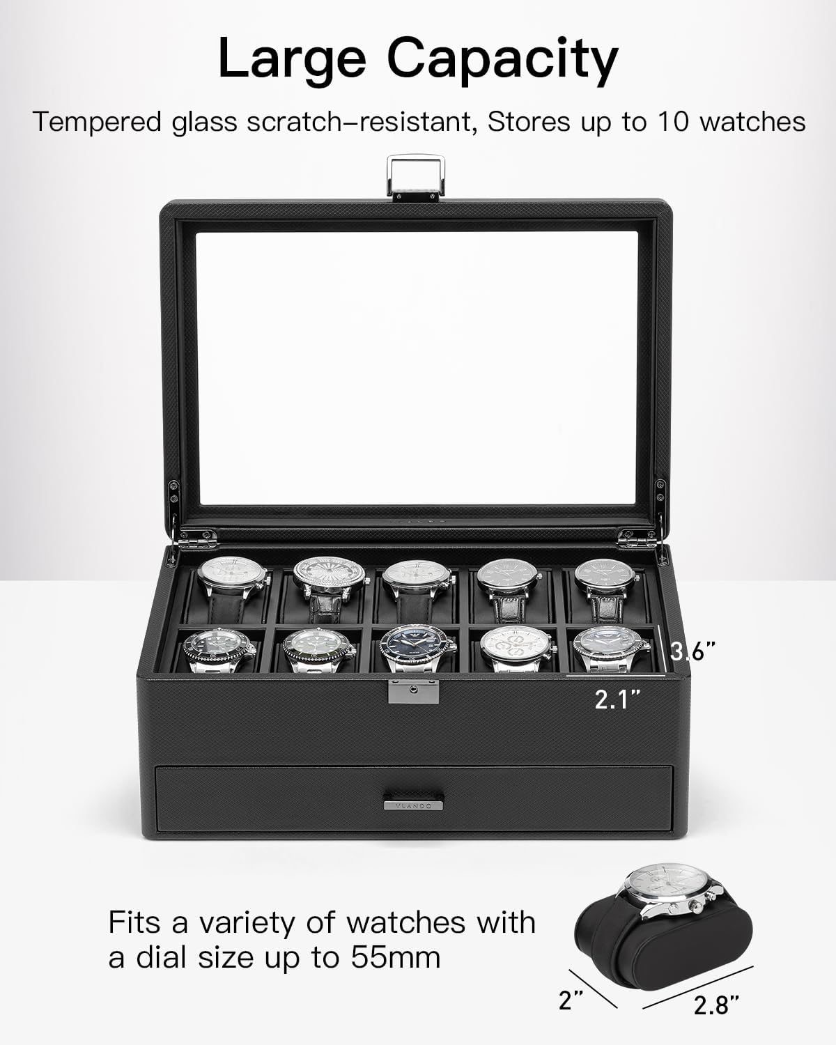 VLANDO 10-Slot Lockable Watch Box for Men | Glass Lid Watch Case