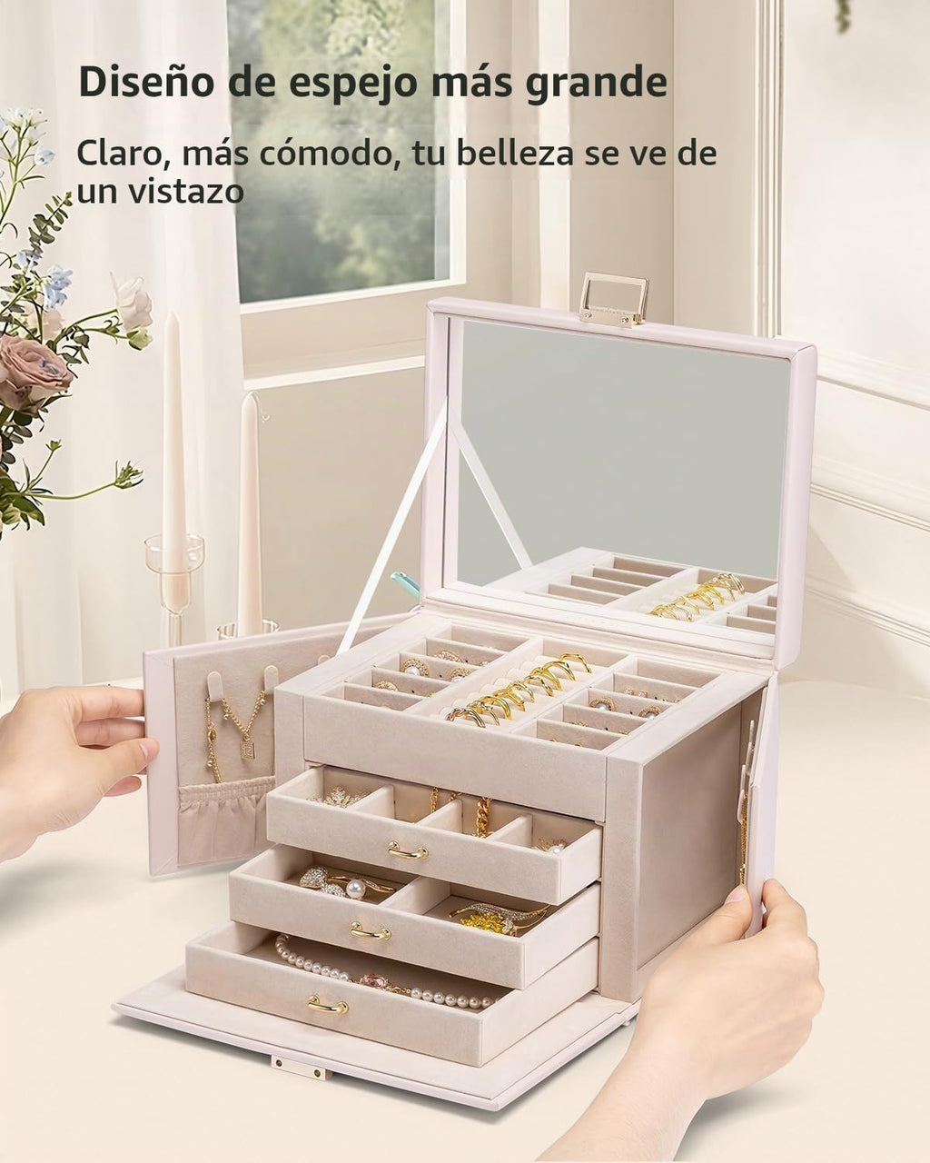 منظم صندوق مجوهرات كبير من VLANDO Quiet Luxe مكون من 4 طبقات مع مرآة وأدراج - حقيبة تخزين مجوهرات جلدية