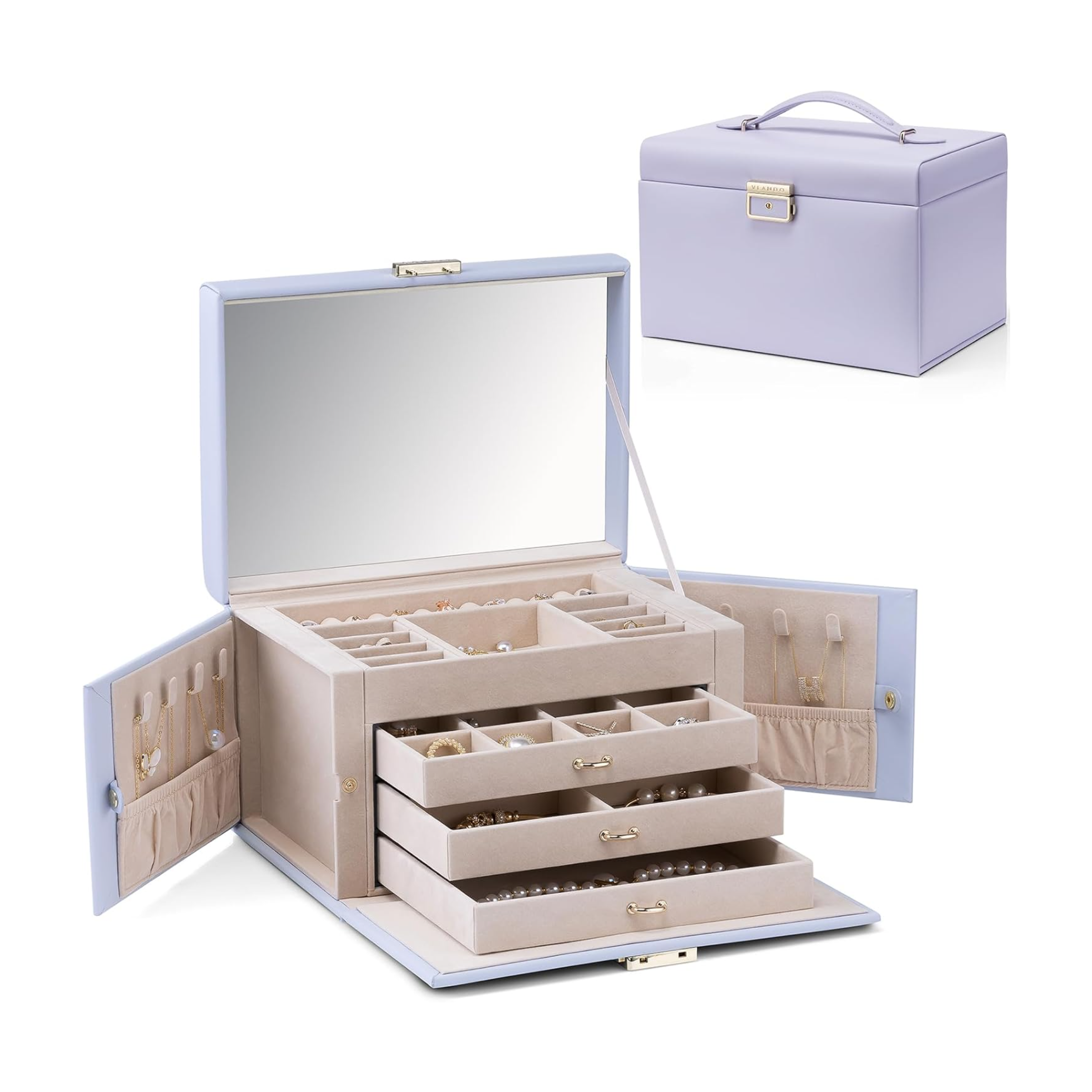 VLANDO Large Jewelry Box Organizer with Mirror & 3 Drawers For Women Girls