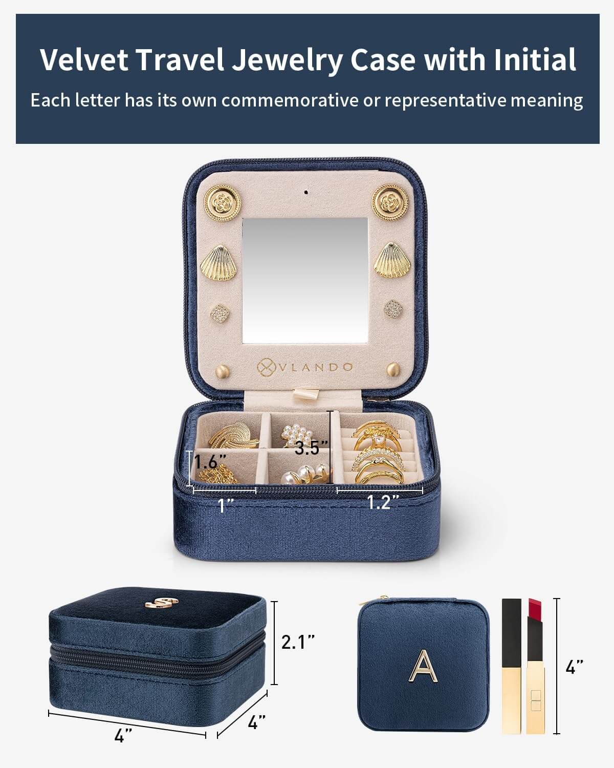 VLANDO Travel Ritual Initial Jewelry Case – Mini Travel Jewelry Boxr with Mirror,Gift for Women