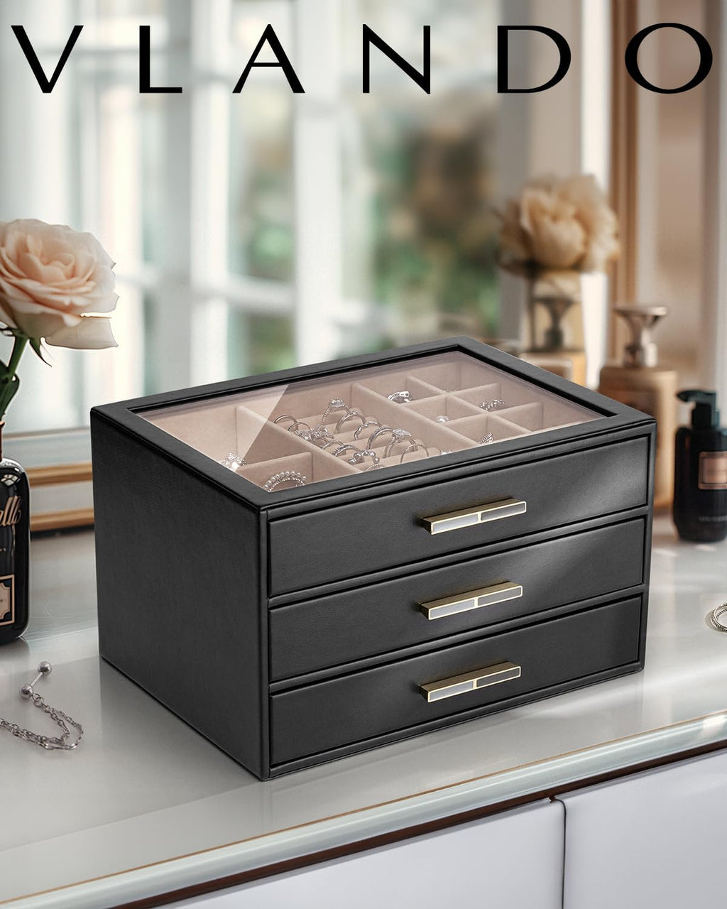 VLANDO Cinderella‑3 drawers Quiet Luxe 3‑Layer Glass Lid Jewelry Box Organizer
