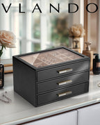 VLANDO Cinderella‑3 drawers Quiet Luxe 3‑Layer Glass Lid Jewelry Box Organizer