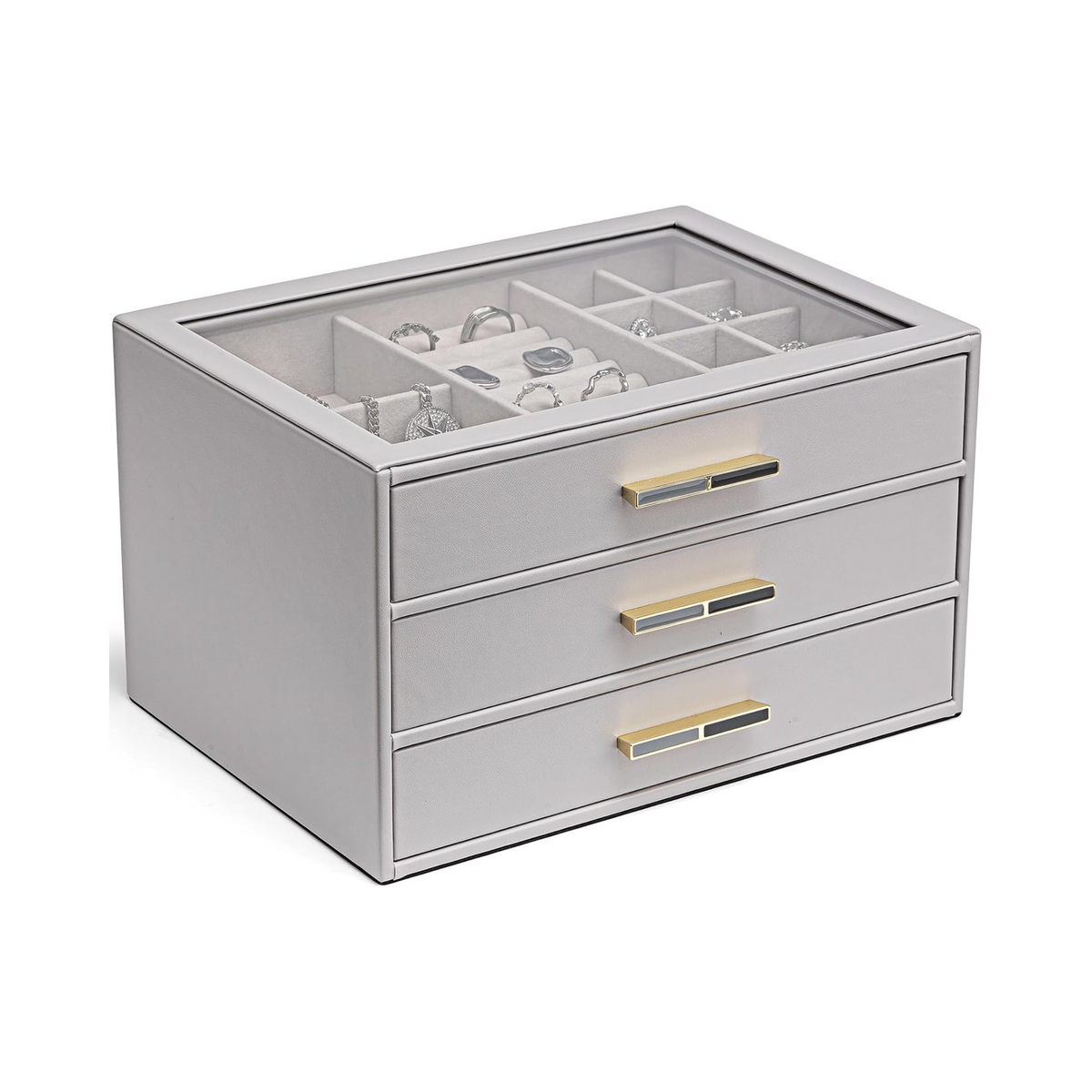 VLANDO Cinderella‑3 drawers Quiet Luxe 3‑Layer Glass Lid Jewelry Box Organizer