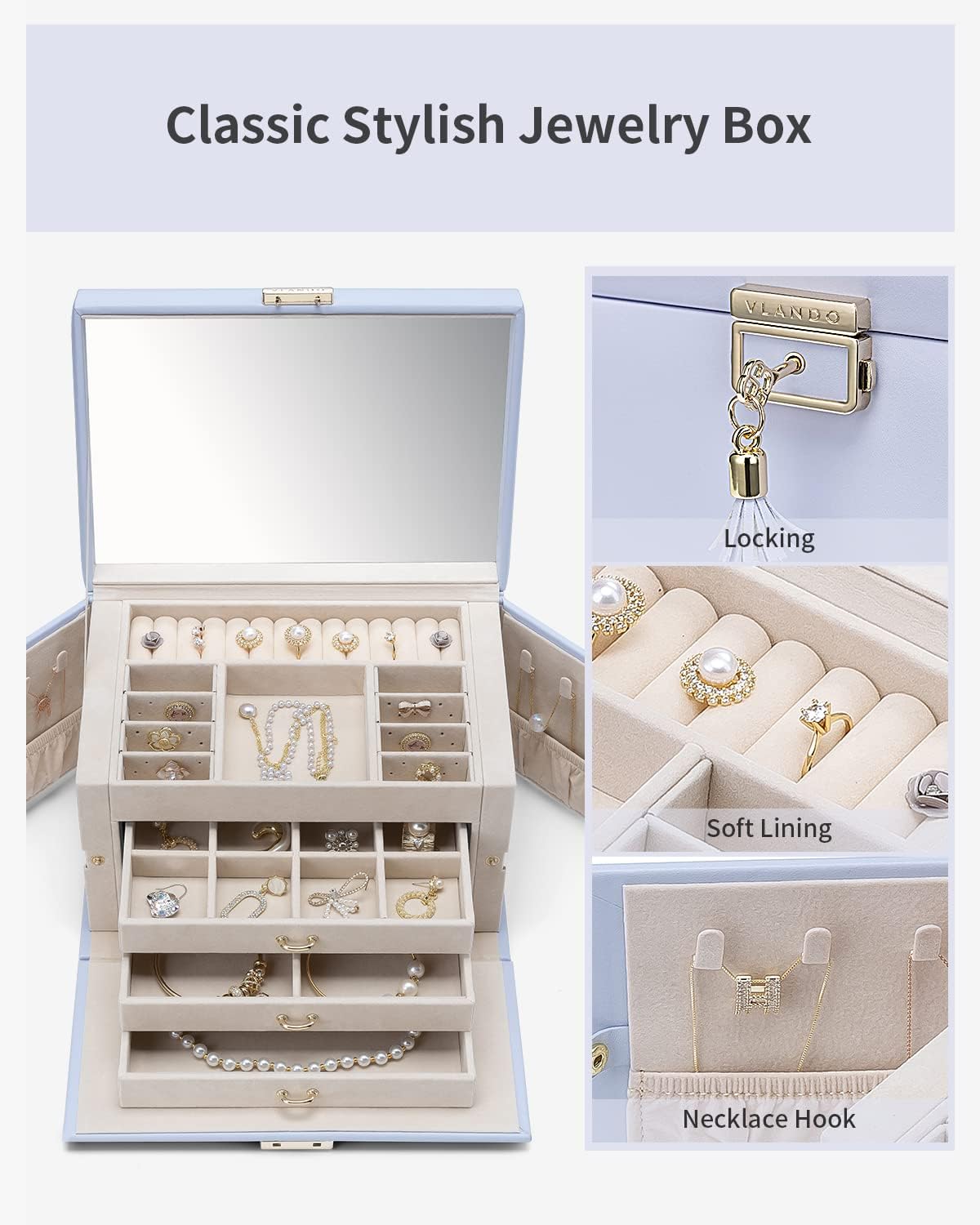 VLANDO Large Jewelry Box Organizer with Mirror & 3 Drawers For Women Girls