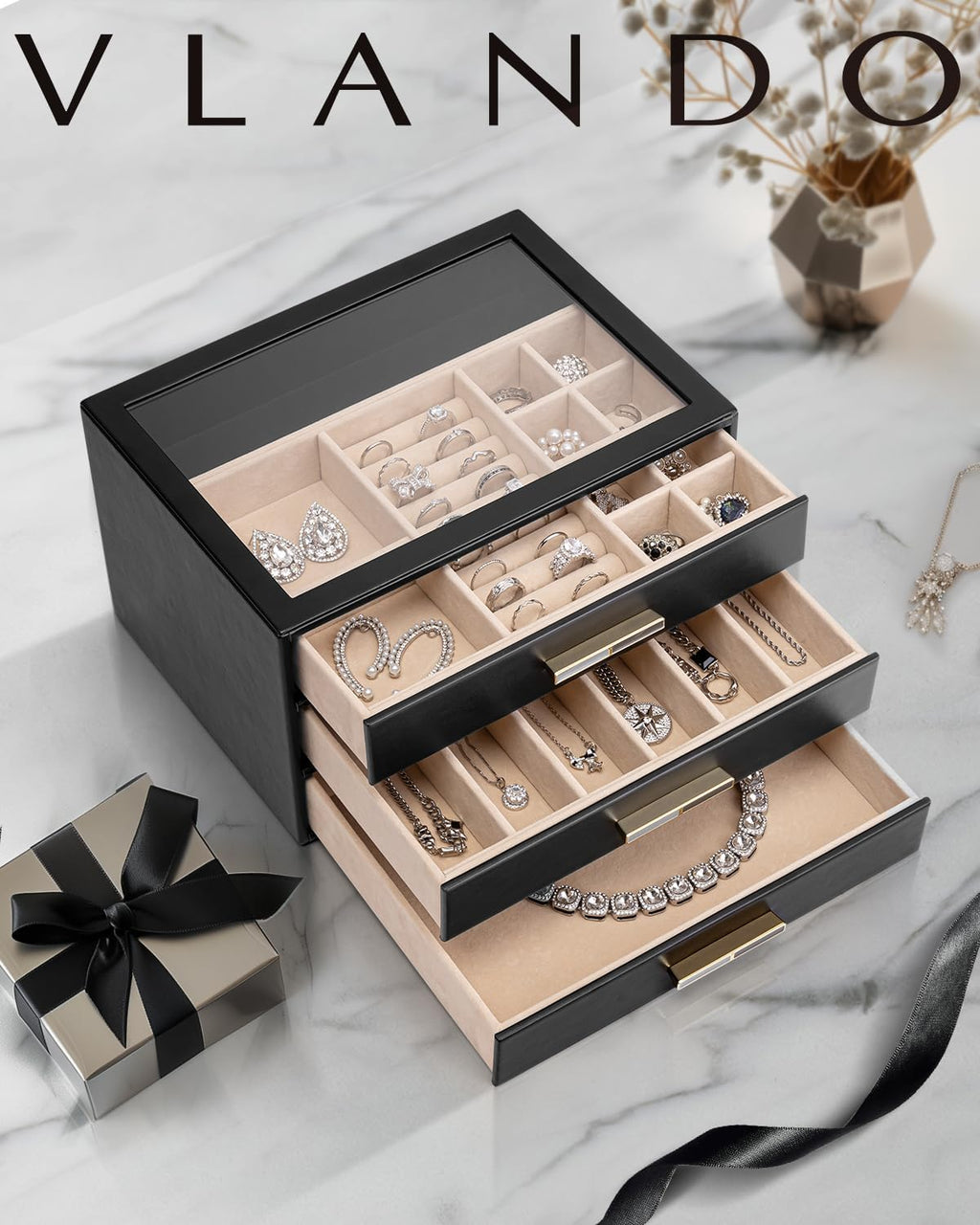 VLANDO Cinderella‑3 drawers Quiet Luxe 3‑Layer Glass Lid Jewelry Box Organizer
