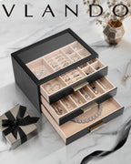 VLANDO Cinderella‑3 drawers Quiet Luxe 3‑Layer Glass Lid Jewelry Box Organizer