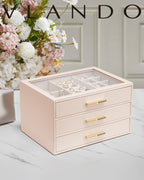 VLANDO Cinderella‑3 drawers Quiet Luxe 3‑Layer Glass Lid Jewelry Box Organizer