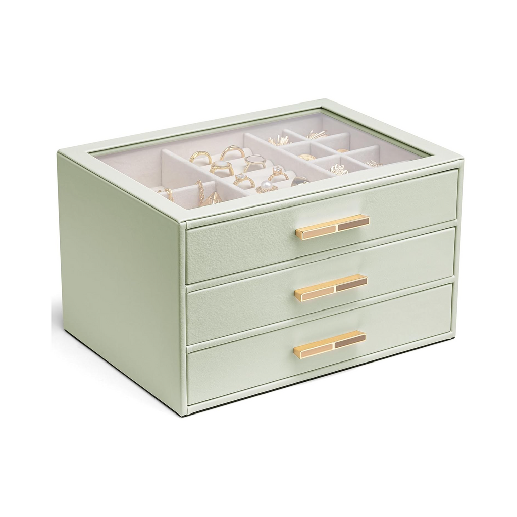 VLANDO Cinderella‑3 drawers Quiet Luxe 3‑Layer Glass Lid Jewelry Box Organizer
