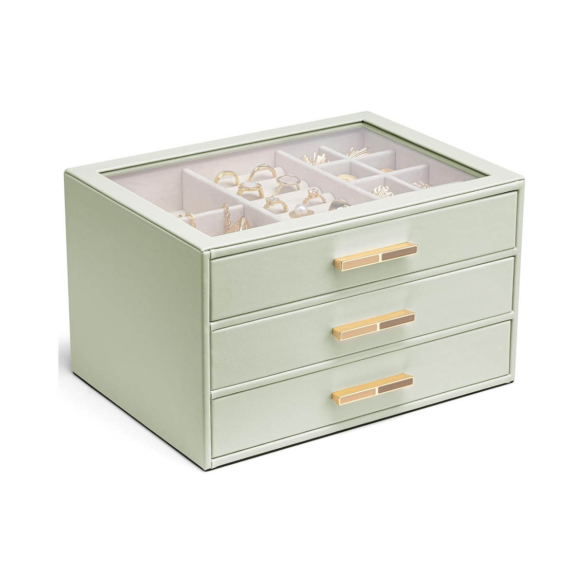 VLANDO Cinderella‑3 drawers Quiet Luxe 3‑Layer Glass Lid Jewelry Box Organizer