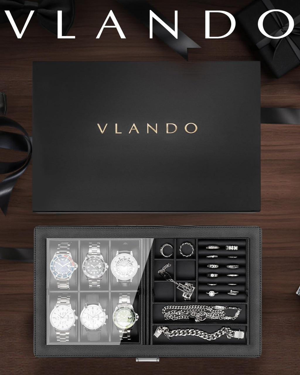 VLANDO Large 6-Slot Lockable Watch Box Organizer with Glass Lid & Accessory Storage